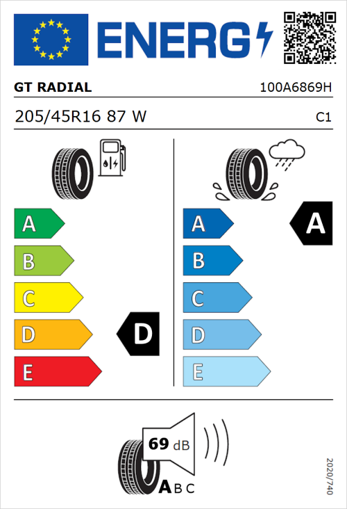 Tyre Label for GT Radial SportActive 2 205/45R16 87W
